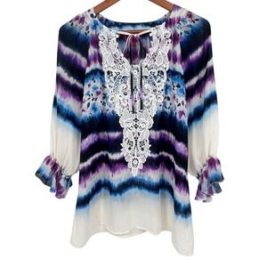 Sunny Leigh Women Blouse Medium Purple Blue Tie Dye Floral Lace Peasant Boho
